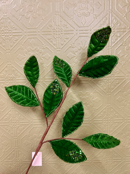 27 Inch Emerald Green Velvet And Glitter Magnolia Leaf Spray