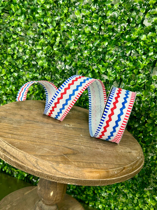 1.5 Inch By 10 Yard Red White And Blue Faux Burlap Ric Rac Stripe Ribbon