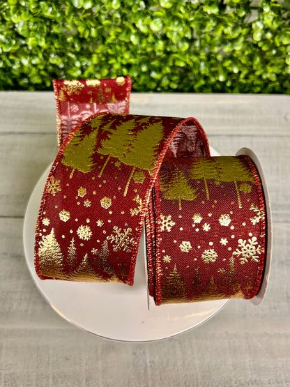 2.5 Inch By 10 Yard Burgundy And Gold Pine Trees And Snowflakes Ribbon