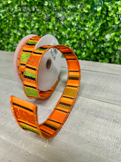 7/8 Inch By 10 Yard Orange Black And Lime Horizontal Stripe Ribbon
