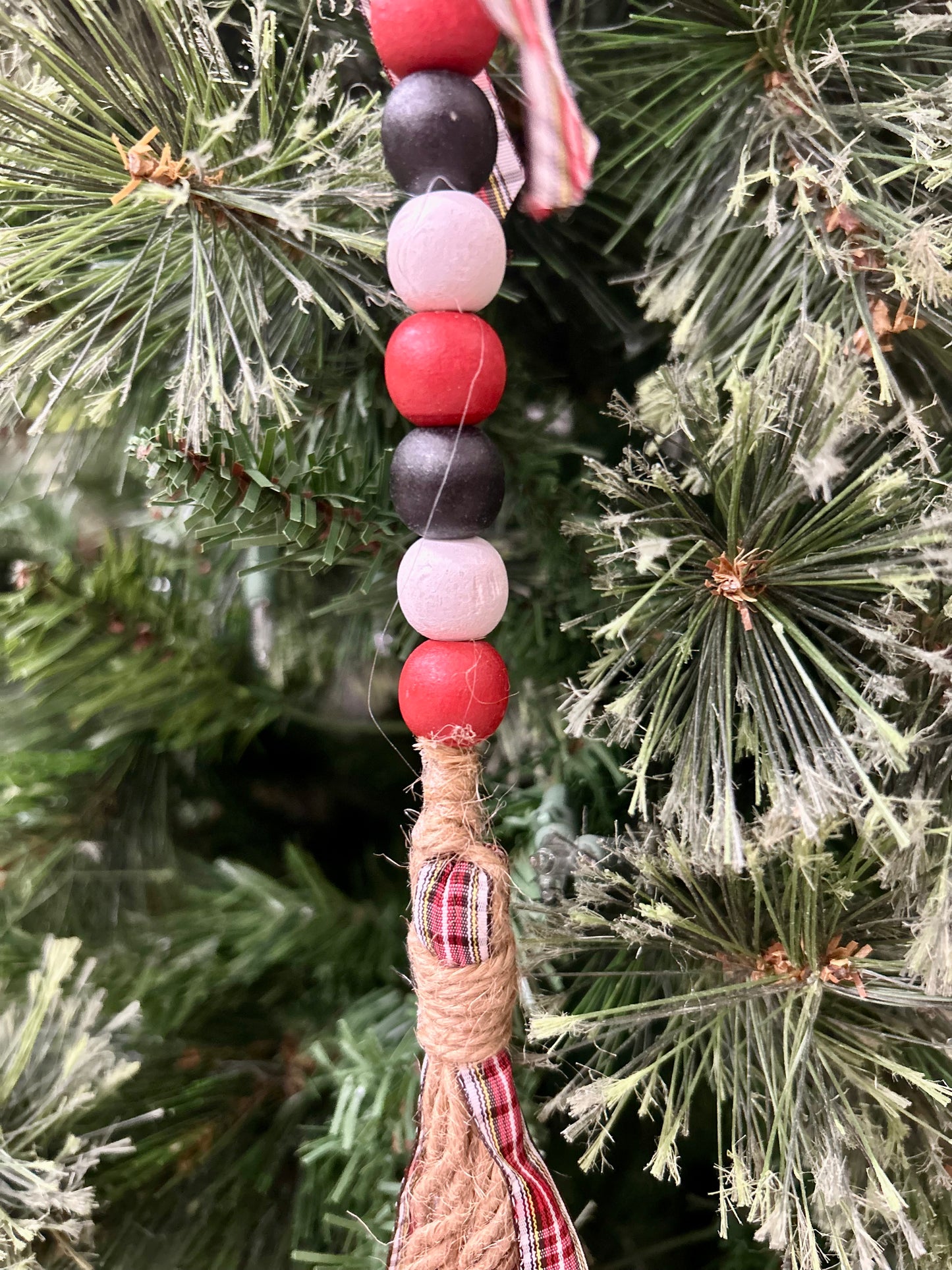 21 Inch Wood Bead Snowman With Plaid Ornament