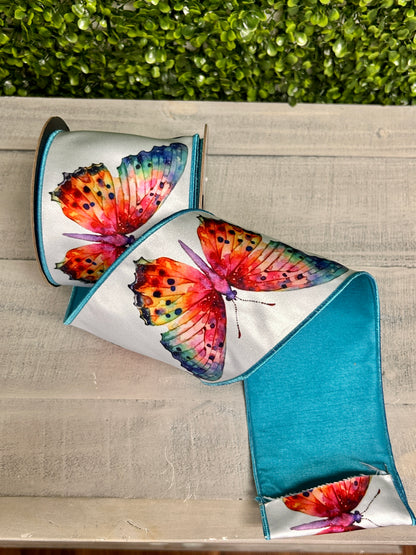 D. Stevens 4 Inch By 10 Yard Aqua Orange And Lavender Colorful Watercolor Butterfly Satin Ribbon