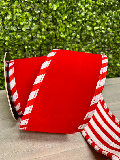 4 Inch By 5 Yard Red Velvet With White Red Cabana Sripe Ribbon