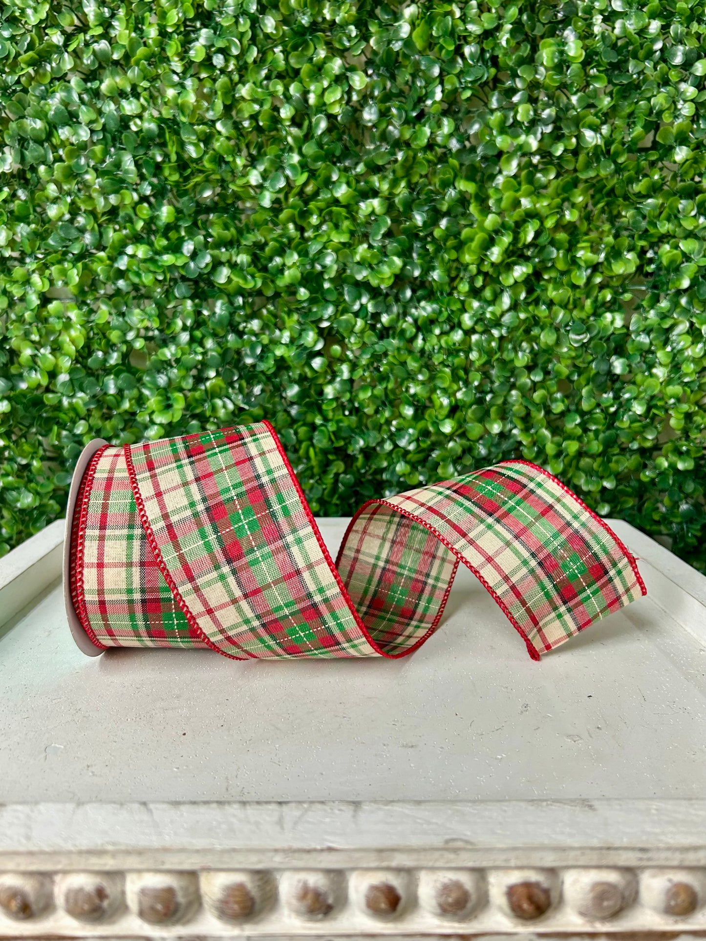 2.5 Inch By 10 Yard Red Cream Green And Black Woven Plaid Ribbon