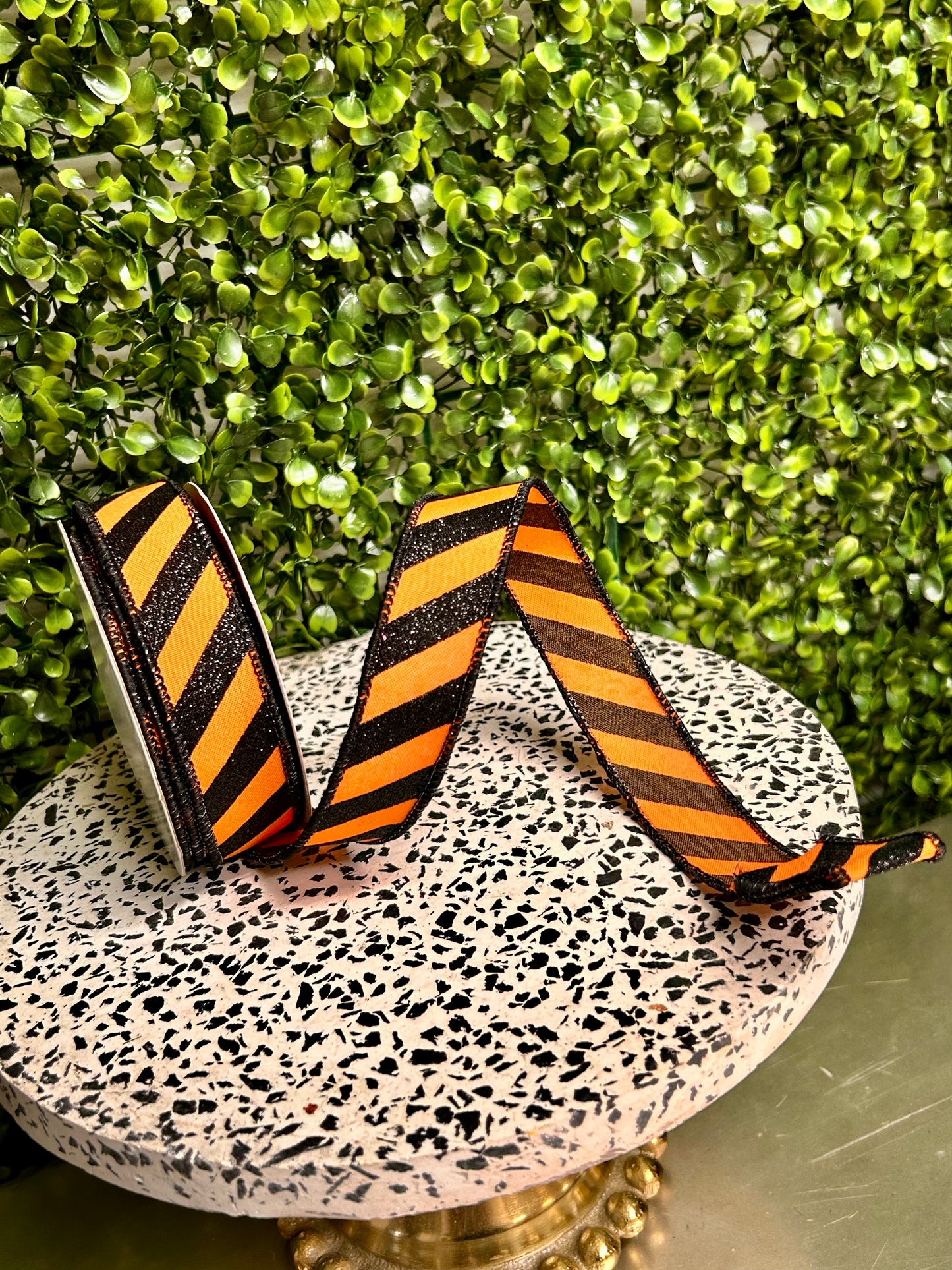 7/8 Inch By 10 Yard Orange And Black Diagonal Glitter Stripe Ribbon
