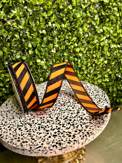 7/8 Inch By 10 Yard Orange And Black Diagonal Glitter Stripe Ribbon
