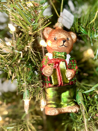 5 Inch Bear Kid With Presents Glass Ornament