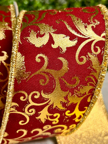 2.5 Inch By 10 Yard Wine And Gold Metallic Foil Swirl Leaf Fused Ribbon