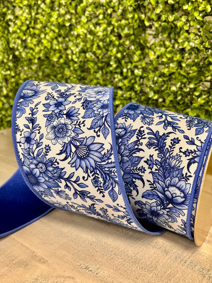 4 Inch By 10 Yard Blue And White Chinoiserie Floral Fused Ribbon
