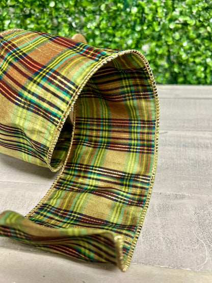 4 Inch By 10 Yard Green Metallic Plaid Ribbon