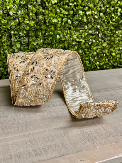 John Mark Enterprises 2.5 Inch By 5 Yard Gold And Platinum Jeweled Pearl Mirror Ribbon