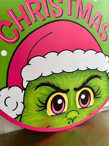 12 Inch Lime And Pink Merry Christmas Green Monster Metal Sign