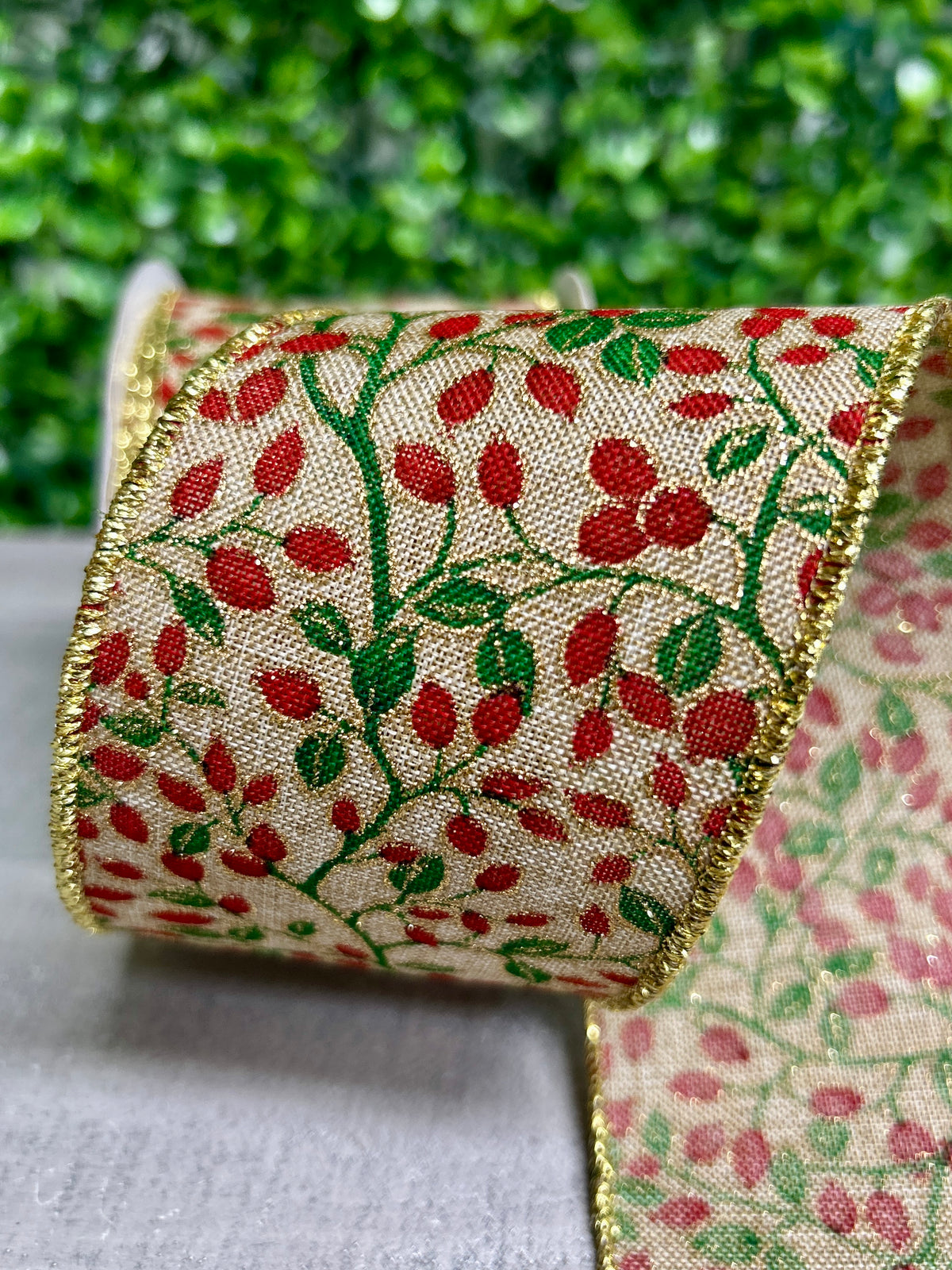 2.5 Inch By 10 Yard Beige Mini Berries And Vines On Royal Ribbon