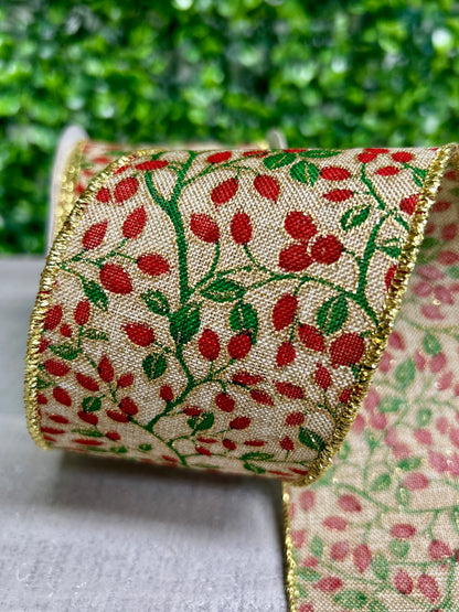 2.5 Inch By 10 Yard Beige Mini Berries And Vines On Royal Ribbon
