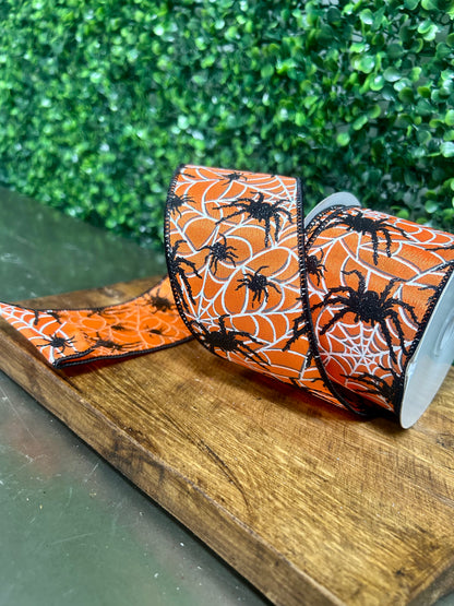 2.5 Inch By 10 Yard Black Glitter Spiders And Webs Halloween Ribbon