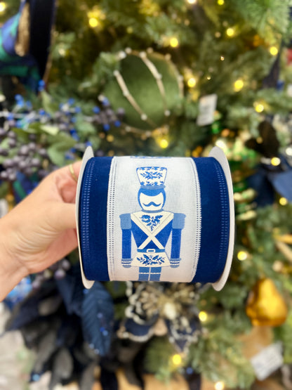 4 Inch By 10 Yard Navy Chinoiserie Nutcracker With Navy Velvet Edge Ribbon