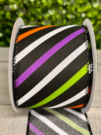 2.5 Inch By 10 Yard Purple Black Lime White Striped Ribbon