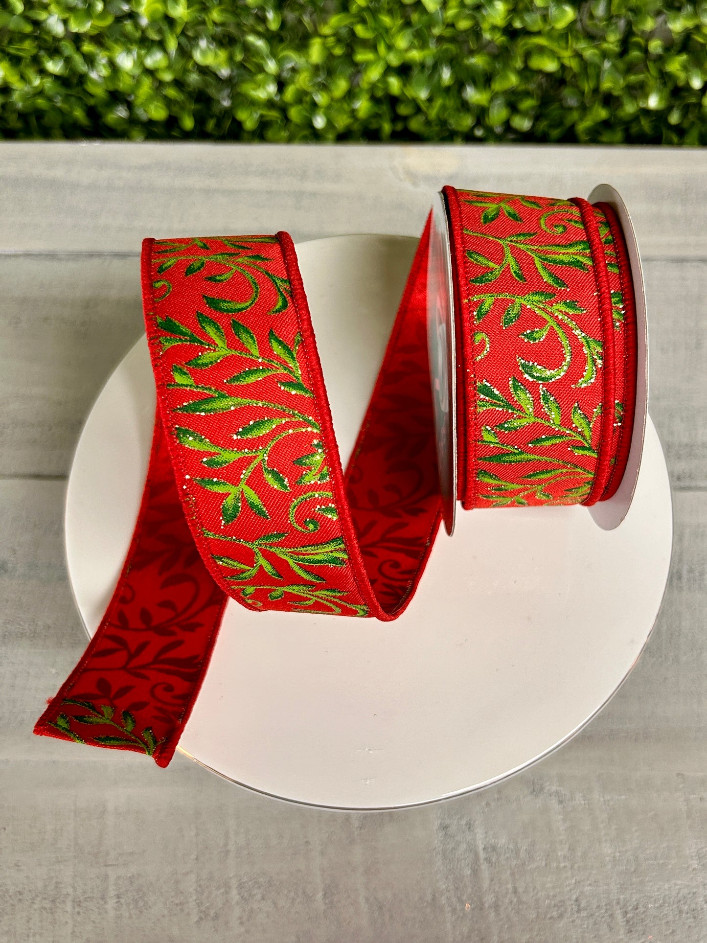 1.5 Inch By 10 Yard Red Green Gold Tonal Leaves Ribbon