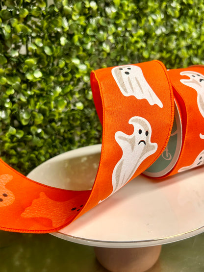 2.5 Inch By 10 Yard Ghosts On Orange Background Ribbon