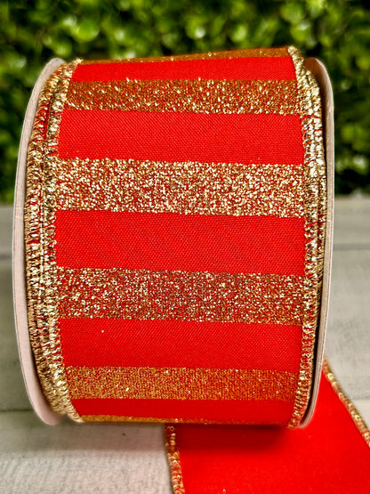 2.5 Inch By 10 Yard Red And Gold Horizontal Glitter Stripes Ribbon