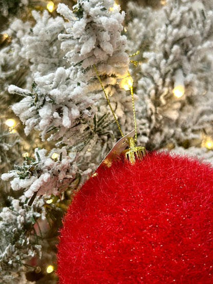 4 Inch Red Flocked Glitter Ornament Ball