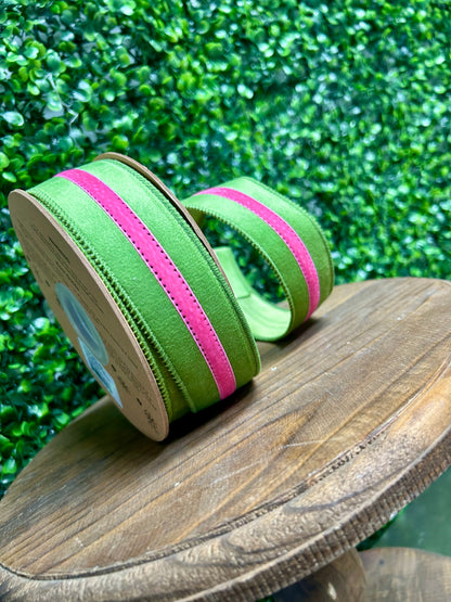 1.5 Inch By 10 Yard Green And Pink Velvet Ribbon