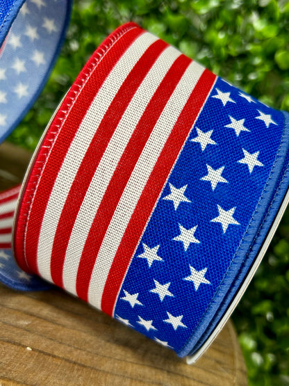 2.5 Inch By 10 Yard Red White And Blue Stars And Stripes Ribbon