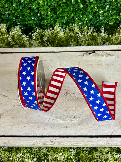 1.5 Inch By 10 Yard Red White And Royal Blue Stars And Striped Fused Back Ribbon