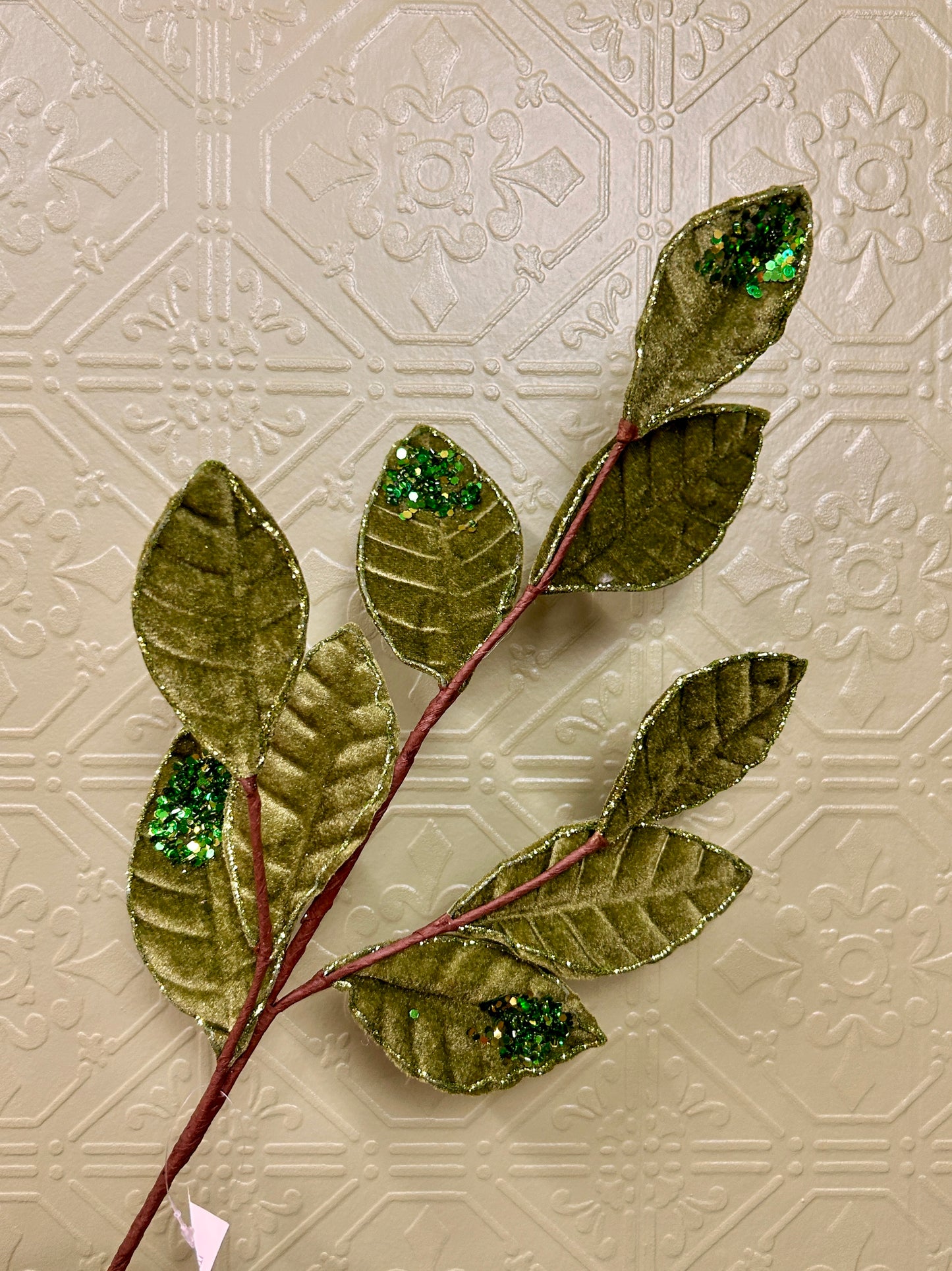 27 Inch Moss Green Velvet And Glitter Magnolia Leaf Spray