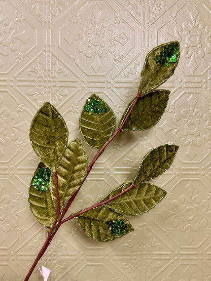27 Inch Moss Green Velvet And Glitter Magnolia Leaf Spray