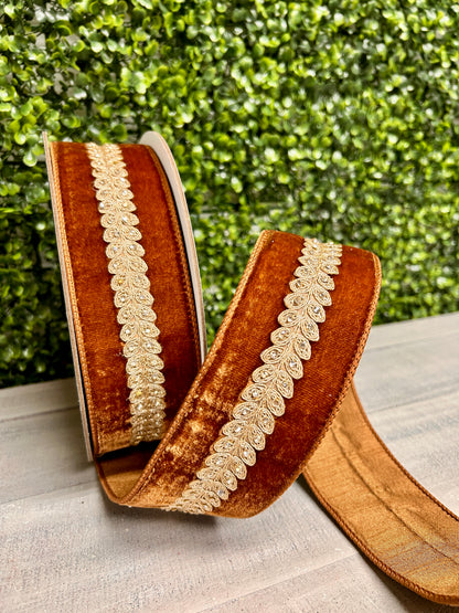 Farrisilk 2.5 Inch By 10 Yard Pecan Velvet With Diamond Garland Ribbon