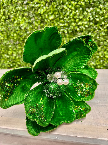 22 Inch Emerald Green Glitter Sequin And Bead Magnolia Spray
