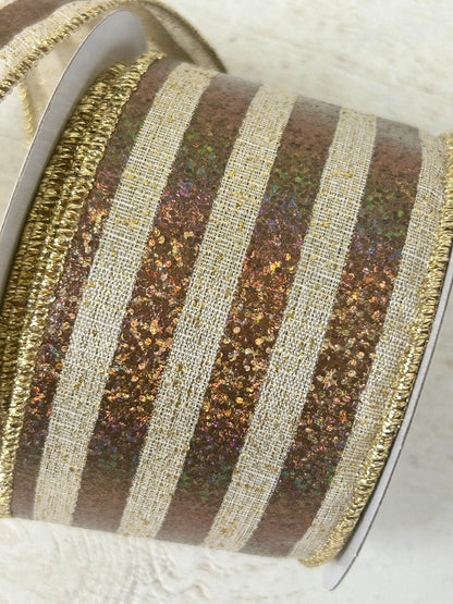 2.5 Inch By 10 Yard Chocolate Natural And Gold Woven Multicolor Stripe Ribbon