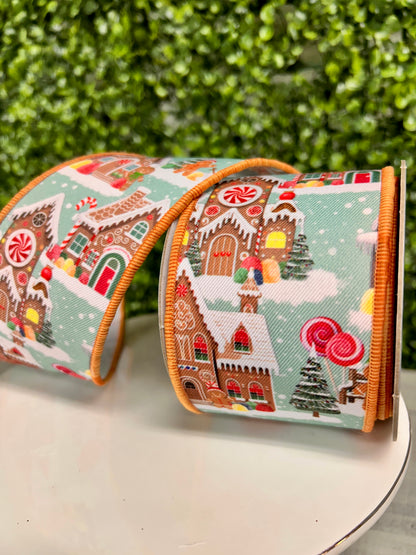 2.5 Inch By 10 Yard Light Blue Gingerbread Village Ribbon