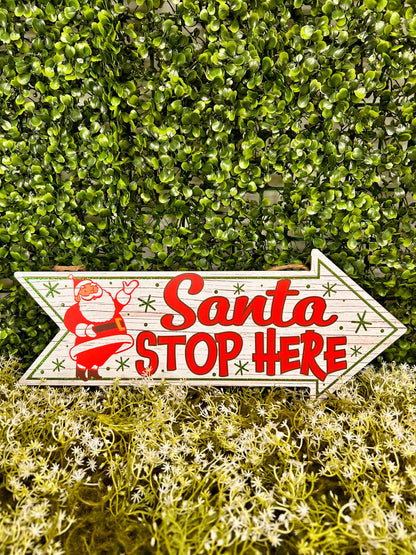 16 Inch Glitter Santa Stop Here Arrow Shaped Wood Sign