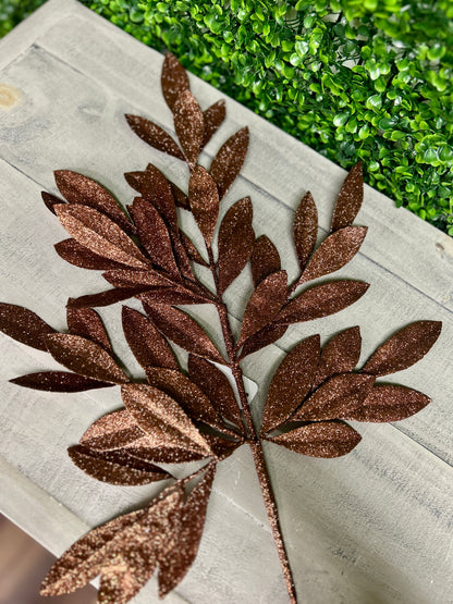 23 Inch Copper Brown Glitter Bay Leaf Spray