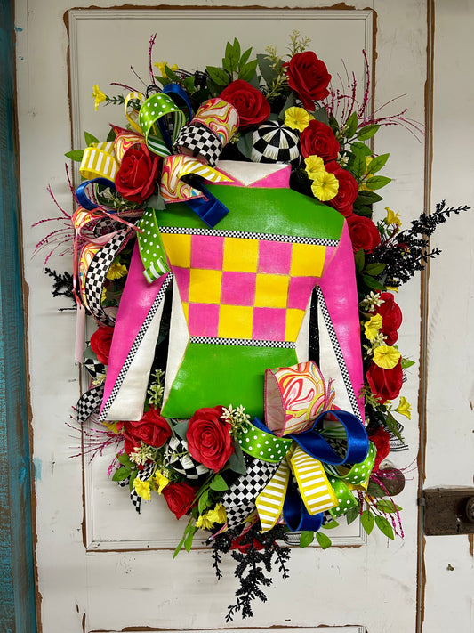 Pre-Made Pink And Green Derby Jockey Shirt Wreath By Caela With Sweet Girl Designs