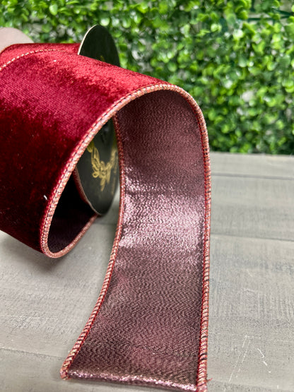 John Mark 2.5 Inch By 10 Yard Fused Burgundy Velvet Metallic Dupioni Backing Ribbon