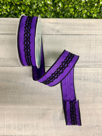 1.5 Inch By 10 Yard Purple And Black Lace On Faux Royal Ribbon