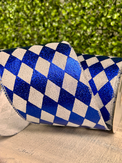 4 Inch By 10 Yard Royal Blue And Silver Harlequin Diamond Glimmer Deluxe Ribbon