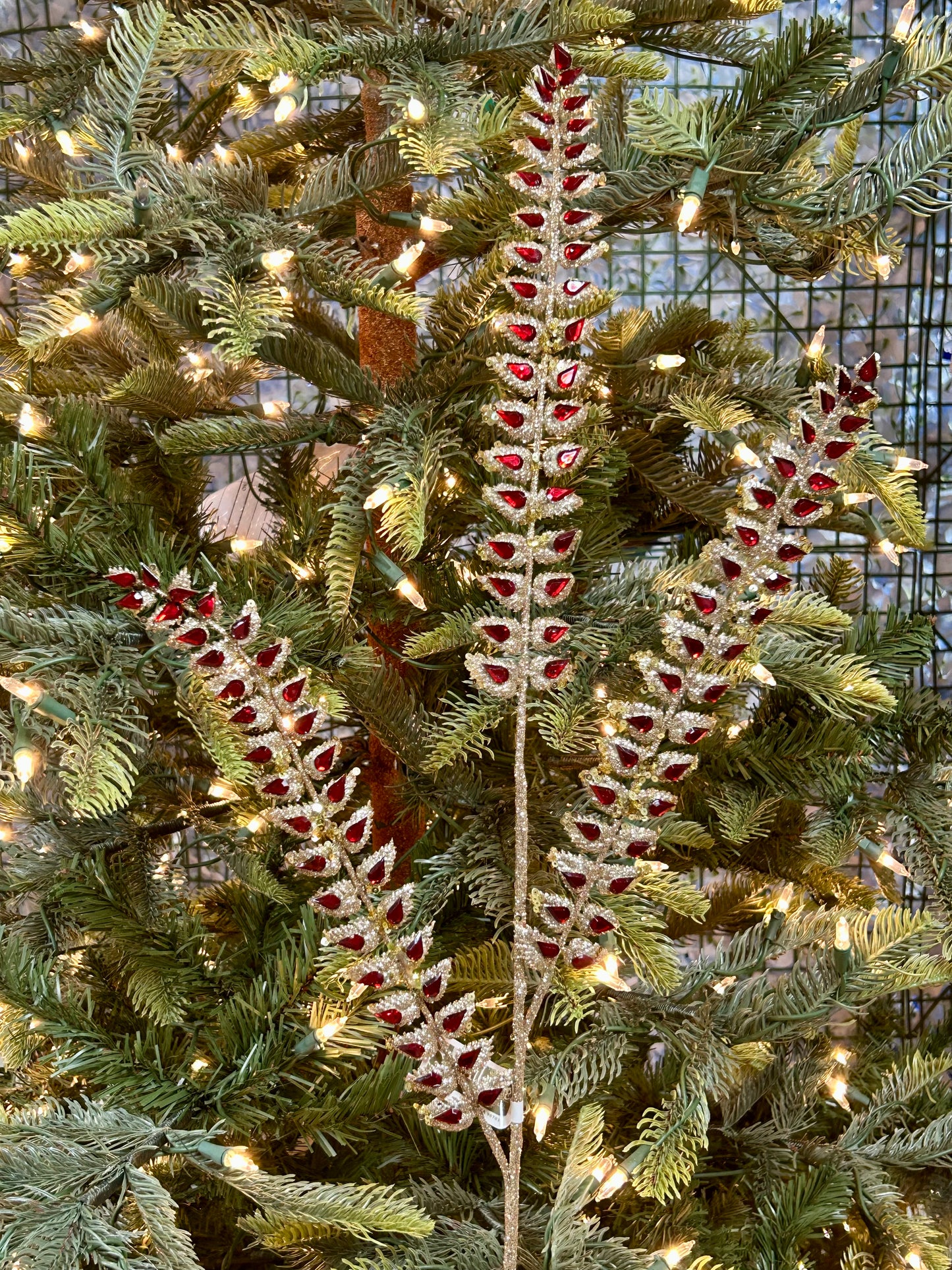 34.5 Inch Red Glittered Rhinestone Artificial Mini Leaf Spray