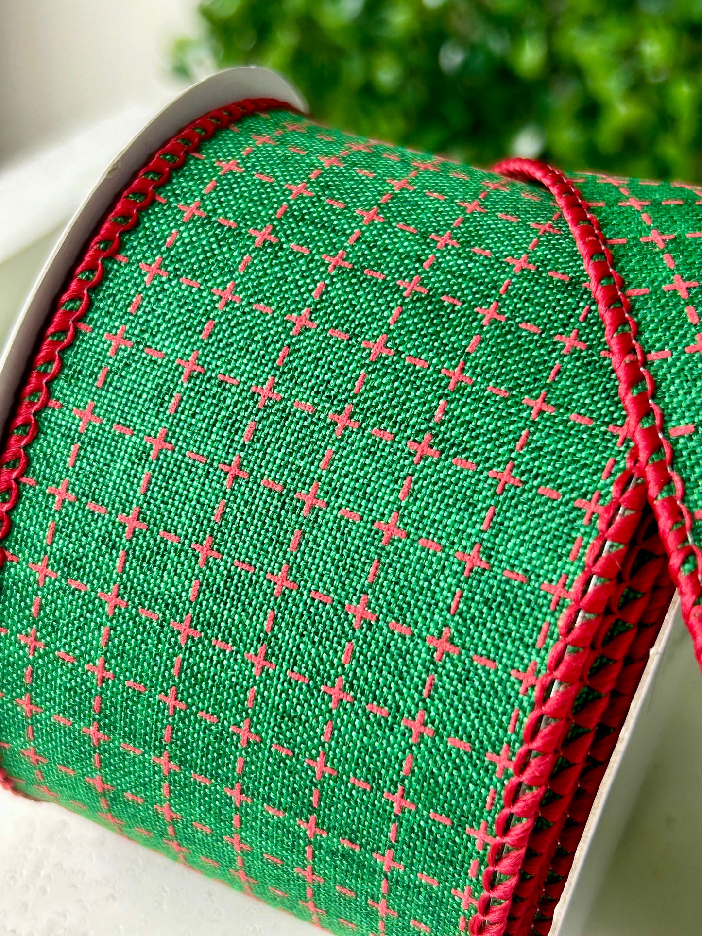 2.5 Inch By 10 Yard Emerald And Red Raised Switched Squares On Royal Ribbon