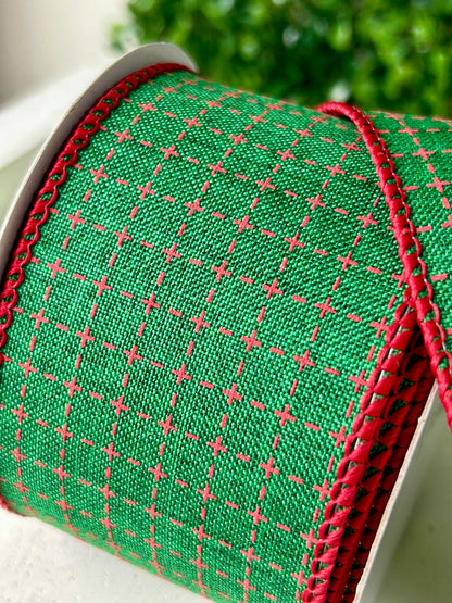 2.5 Inch By 10 Yard Emerald And Red Raised Switched Squares On Royal Ribbon