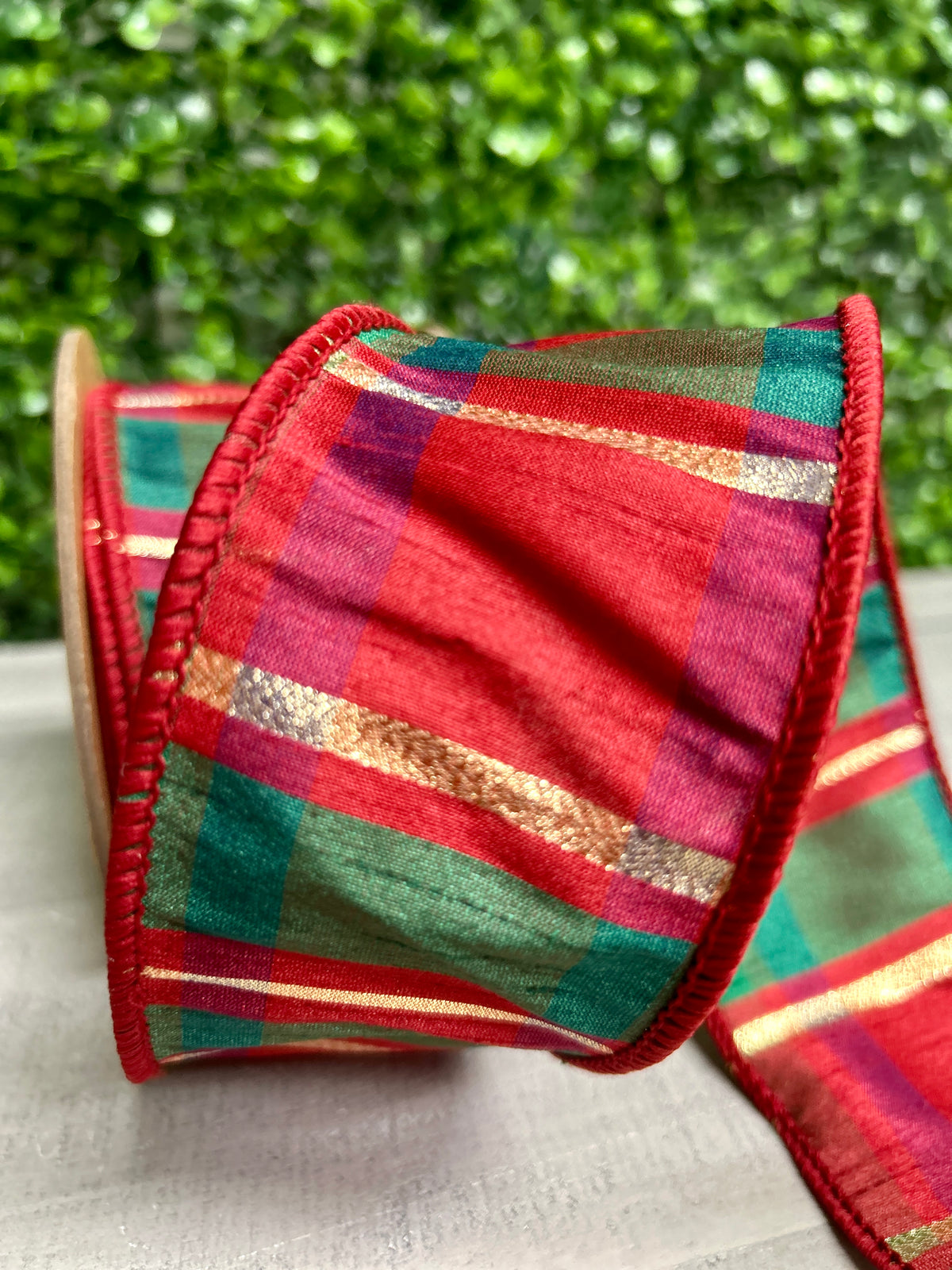 2.5 Inch By 10 Yard Red Green Gold Plaid Check Ribbon