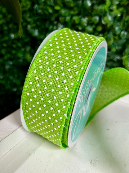 1.5 Inch By 10 Yard Lime Green And White Raised Swiss Dots One Royal Ribbon