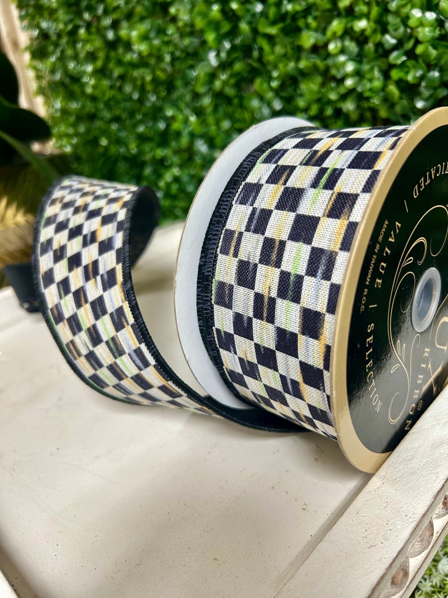 2.5 Inch By 10 Yard Beige And Black Mini Antique Checkerboard Ribbon