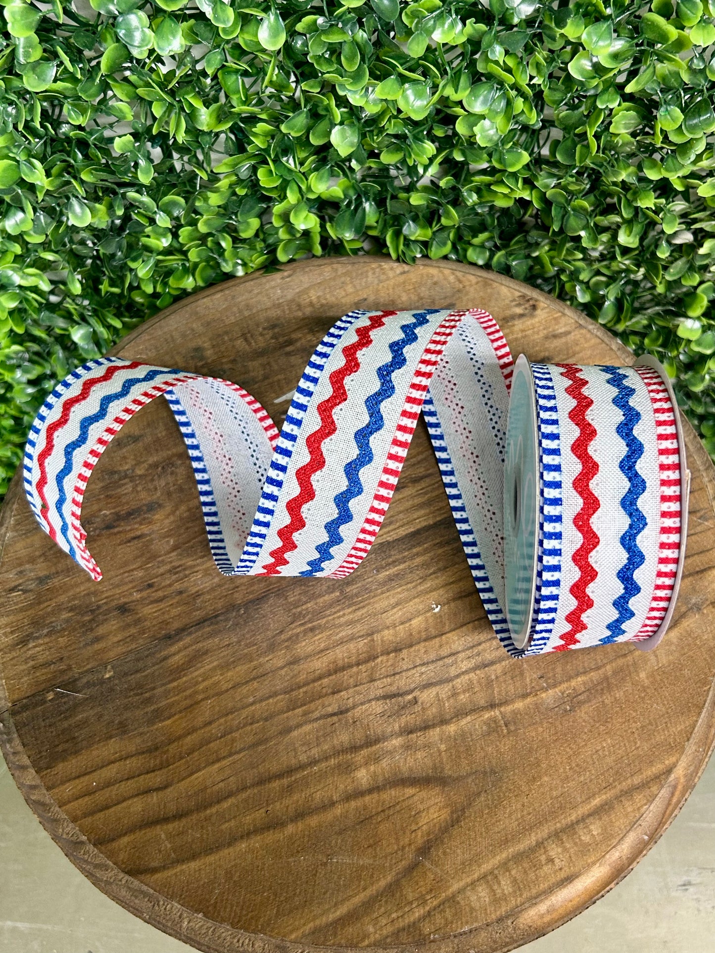 1.5 Inch By 10 Yard Red White And Blue Faux Burlap Ric Rac Stripe Ribbon