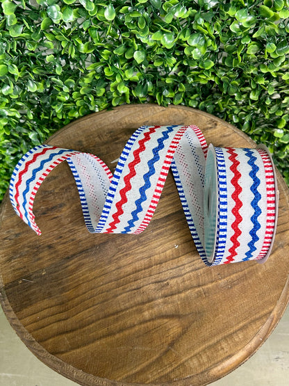 1.5 Inch By 10 Yard Red White And Blue Faux Burlap Ric Rac Stripe Ribbon