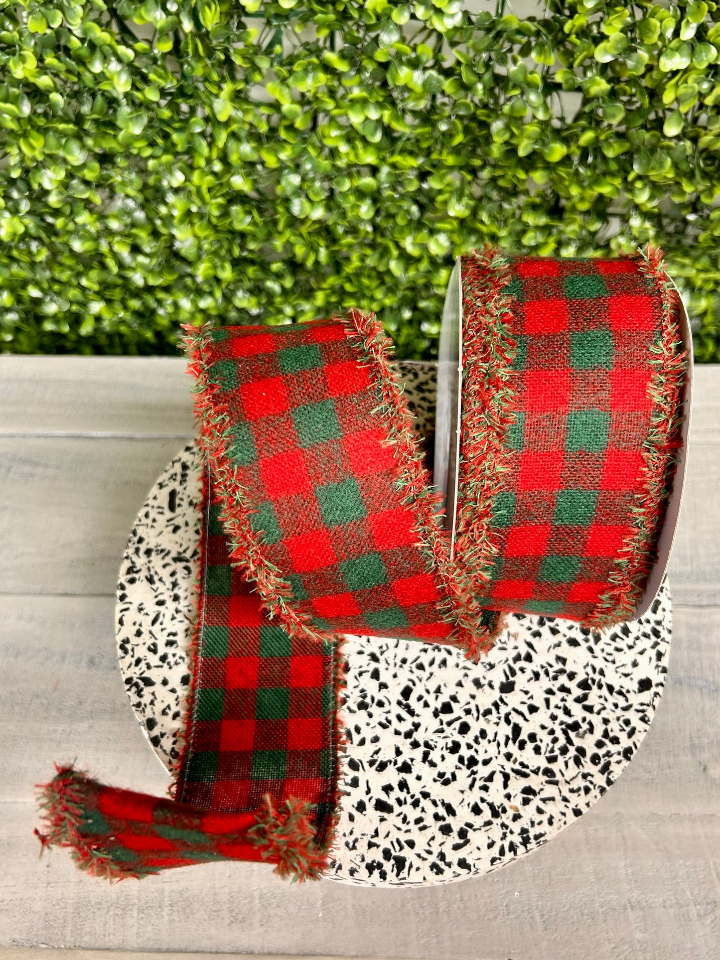2.5 Inch By 10 Yard Red And Green Fuzzy Flannel Check With Drift Edge Ribbon