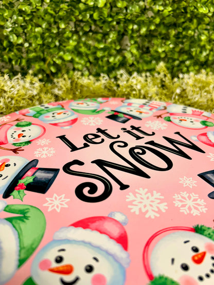 12 Inch Pink White And Mint Let It Snow With Snowmen Metal Sign